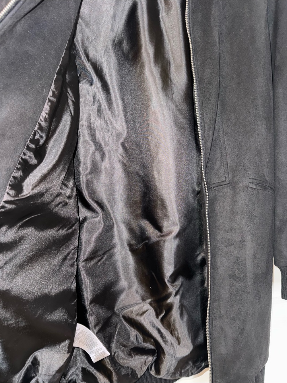 BCBGeneration Faux Suede Long Bomber Jacket Size XXS Black Longline runs large - Picture 7 of 13